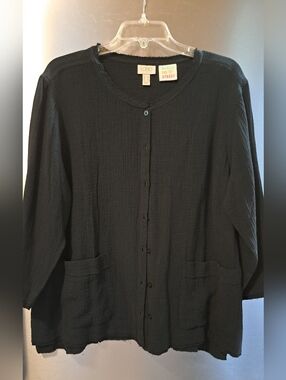 LOGO Lori Goldstein Black Button Front Gauzy Cotton Top Women Pockets Raw Hem L